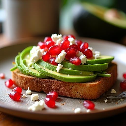 A delicious-looking Abyssal Avocado Toast on a rustic plate, garnished with feta and pomegranate.
