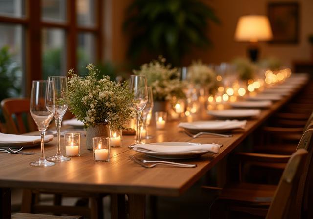 A beautifully set wooden table at Nautilus Nook for a private event, adorned with candles, fresh flowers, and elegant place settings, reflecting a cozy atmosphere.